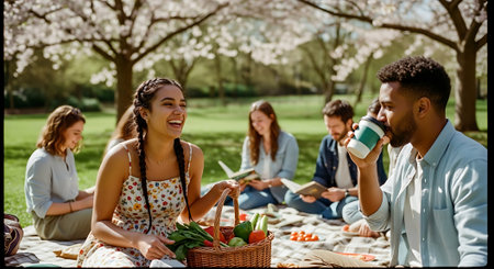 A group of friends sit on a blanket in a park, surrounded by cherry blossom trees, enjoying a picnic with food and drinks on a sunny day.の素材