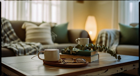 A warm and inviting living room scene featuring a wooden table with two coffee cups, books, and a plant, set against a blurred background of a comfortable couch with pillows and a lamp.の素材