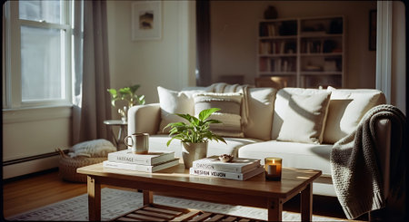 A serene living room with a beige couch, wooden coffee table, and natural light pouring in through the window, creating a warm and inviting atmosphere.の素材