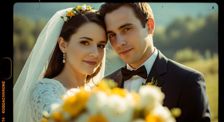 A smiling bride and groom in formal attire, with the bride wearing a veil and holding a bouquet of yellow and white flowers, pose together in a serene outdoor setting.の素材