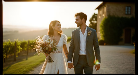 A smiling bride and groom hold hands and walk together on a path in a vineyard, surrounded by lush greenery and a beautiful sunset in the background.の素材