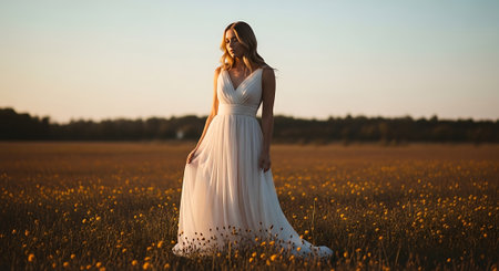 A beautiful woman in a white wedding dress stands peacefully in a field of yellow flowers, surrounded by a serene landscape with trees in the background under a soft, pastel sky.の素材
