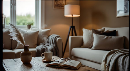 A warm and inviting living room with two beige sofas, a wooden coffee table, a floor lamp, and a vase with dried flowers, creating a relaxing atmosphere.の素材