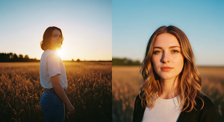 A young woman stands in a field at sunset, wearing a white shirt and jeans, with a close-up portrait showcasing her serene expression and stylish outfit.の素材