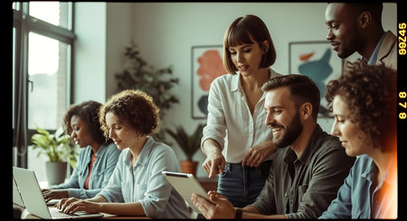 A diverse group of seven people, including men and women of different ethnicities, work together in a modern office with laptops and a tablet, surrounded by plants and artwork.の素材