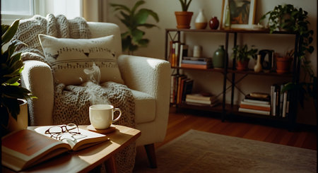 A comfortable living room scene featuring a cream-colored armchair with throw pillows and blanket, wooden side table with an open book and coffee cup, and a bookshelf with plants and decorative items in the background.の素材