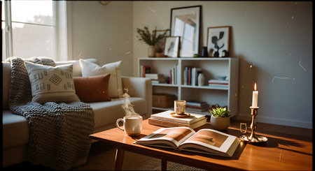 A warm and inviting living room with a beige sofa, wooden coffee table, and bookshelf in the background, featuring a candle, plant, and mug on the table.の素材