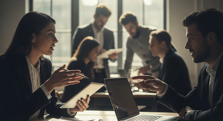 A group of professionals in business attire engaged in a meeting, discussing and gesturing while sitting at a table with a laptop and notepad.の素材