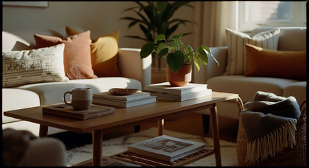 A warm and inviting living room with two beige sofas, a wooden coffee table, and a potted plant, featuring throw pillows, books, and a mug in a serene atmosphere.の素材