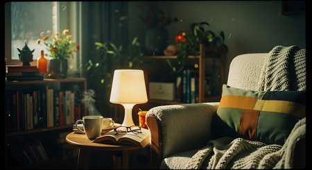 A warm and inviting living room scene featuring a comfortable armchair, a side table with a lamp, book, and coffee cup, surrounded by bookshelves and plants in a peaceful atmosphere.の素材