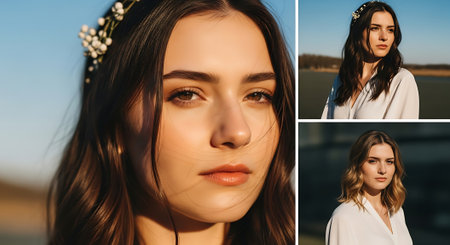 A images of three women, each with a serene expression, adorned with floral headpieces, set against soft, natural backgrounds with varying shades of blue and earth tones.の素材