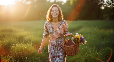 A smiling woman in a floral dress walks through a lush green field, carrying a wicker basket filled with colorful flowers, basking in the warm sunlight of a serene sunset.の素材