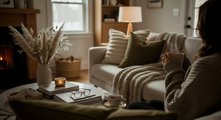 A woman sits comfortably on a beige sofa, holding a cup of coffee, surrounded by warm lighting, a vase with dried flowers, and a cozy atmosphere in a living room with a fireplace.の素材