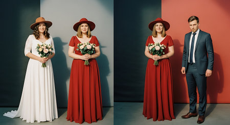 A group of four people in formal wedding attire, consisting of a woman in a white dress, two women in red dresses, and a man in a suit, each holding or not holding flowers, standing against colorful backgrounds.の素材