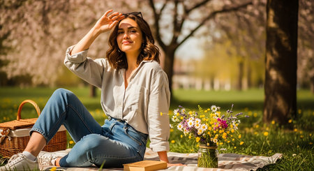 A woman sits on a blanket in a park, surrounded by a wicker picnic basket, a vase of colorful flowers, and a serene natural setting with blooming trees and green grass.の素材