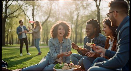 A group of friends sit on grass in a park, eating and laughing together on a sunny day, with a plate of food in front of them and others playing in the background.の素材