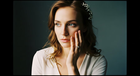A beautiful woman with long brown hair and a pearl hairpiece touches her face, wearing a white V-neck dress against a dark background, exuding elegance and sophistication.の素材