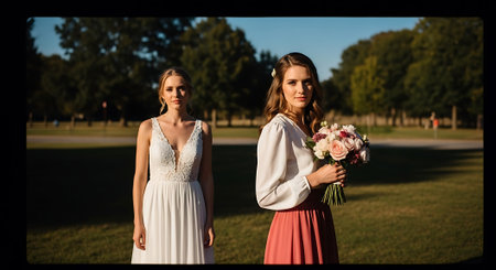 Two women stand in a grassy park, one wearing a white wedding dress and the other holding a bouquet of pink and white flowers, with trees and blue sky in the background.の素材