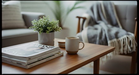 A serene living room setting featuring a wooden coffee table with a stack of magazines, a white mug, and a potted plant, accompanied by a gray sofa and chair in the background.の素材