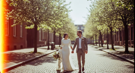 A smiling newlywed couple, dressed in formal attire, walk hand in hand down a picturesque cobblestone street lined with trees and buildings on a sunny day.の素材