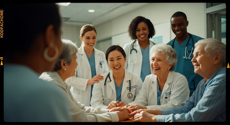A group of smiling medical professionals from different ethnic backgrounds stack their hands in a symbol of unity and teamwork, wearing white lab coats and blue scrubs in a hospital setting.の素材