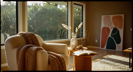 A serene living room with a beige armchair, brown throw blanket, and a wooden side table holding a vase with dried flowers and an open book, bathed in natural light from large windows.の素材