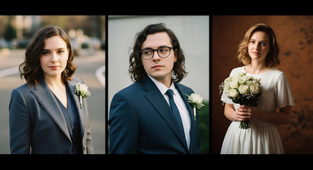 A triptych of formal portraits featuring a woman in a blue suit, a man in a blue suit and tie, and a woman in a white wedding dress holding flowers, each with a small floral boutonniere.の素材