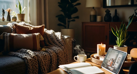 A warm and inviting living room with a comfortable sofa, several plants, and a wooden table holding a laptop, notebook, coffee mug, and candle, bathed in natural light.の素材