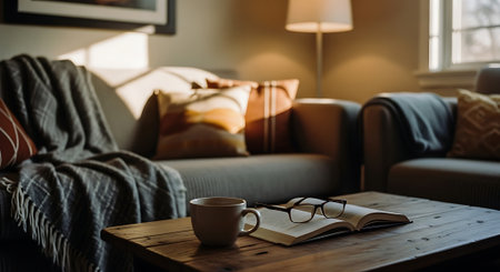 A warm and inviting living room with a sofa, coffee table, and soft lighting, featuring a cup, glasses, and notebook on the table.の素材
