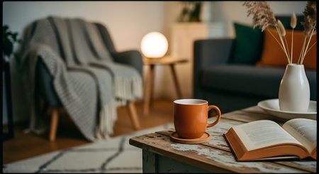 A warm and inviting living room scene featuring a cup of coffee on a wooden table with an open book, vase with dried flowers, and blurred background with sofa and chair.の素材