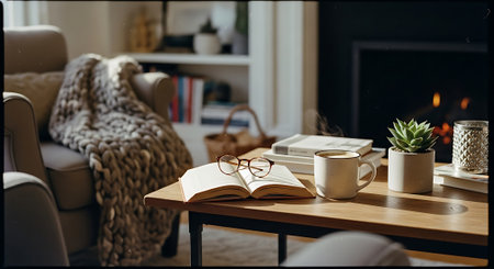 A warm and inviting living room with a beige sofa, wooden coffee table, and a lit fireplace in the background, featuring an open book, glasses, and a cup of coffee.の素材