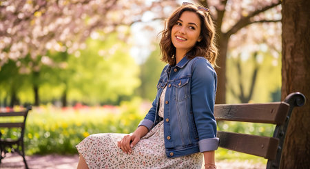 A smiling young woman with brown hair sits on a wooden park bench, wearing a denim jacket and floral dress, surrounded by blurred trees with pink blossoms and greenery.の素材