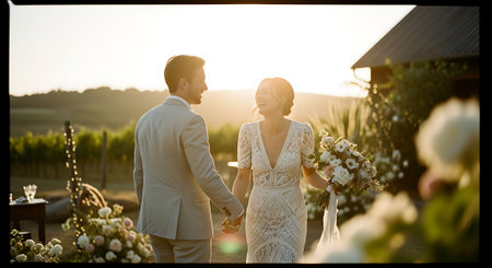 A newlywed couple stands hand in hand, surrounded by lush greenery and vibrant flowers, with a serene vineyard landscape and warm sunset glow in the background.の素材