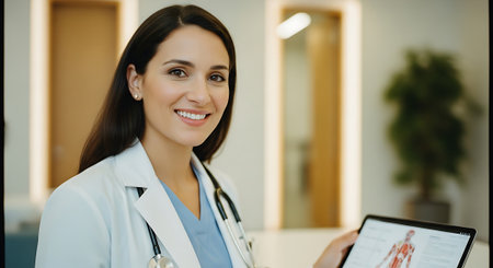 A young, smiling female doctor in a white lab coat and blue scrubs holds a tablet displaying a human anatomy image, with a stethoscope around her neck in a blurred medical background.の素材