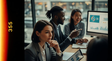 A group of diverse professionals engaged in a meeting, looking at a computer screen with graphs and charts, in a modern office with a city view.の素材