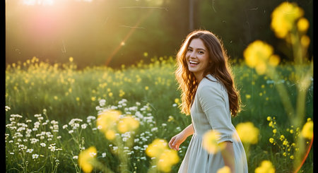 A smiling young woman with long brown hair wearing a light blue dress stands in a field of yellow and white flowers, bathed in warm sunlight.の素材