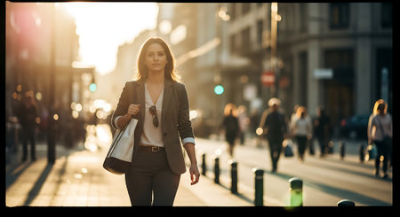 A smiling young professional woman in business attire walks down a bustling city street, carrying a shopping bag, with blurred pedestrians and buildings in the background during sunset.の素材