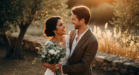 A smiling couple stands together in a serene outdoor setting, with the woman holding a bouquet of white flowers and the man wearing a brown suit, surrounded by trees and stone walls.の素材