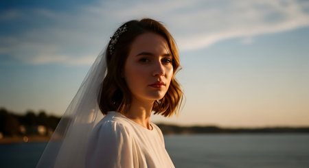 A beautiful young woman in a white wedding dress and veil stands by a serene body of water, with a soft blue sky and wispy clouds in the background, exuding calmness and elegance.の素材