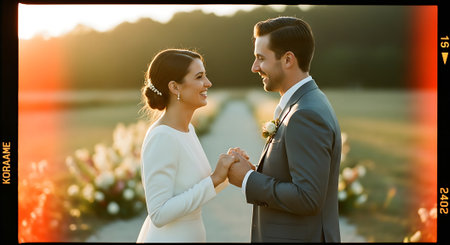 A smiling bride and groom in formal attire hold hands, standing on a pathway surrounded by flowers and trees, with a beautiful sunset in the background.の素材