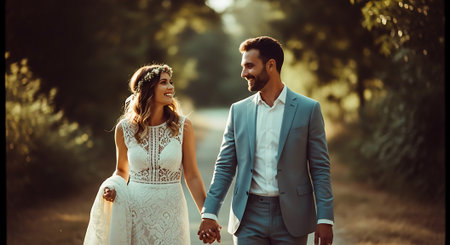 A smiling man and woman, dressed in formal attire, walk together on a serene forest path, surrounded by lush greenery and warm sunlight filtering through the trees.の素材