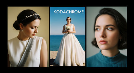 A collage of three photographs featuring women in different outfits, including a white dress, a wedding gown, and a blue sweater, with varying backgrounds and styles.の素材