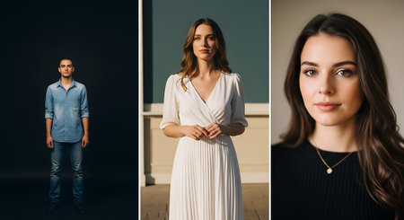 A composite image featuring three young adults, each in a distinct setting: a man in a dark room, a woman in a white dress against a blue wall, and a woman in a black top with a gold necklace.の素材