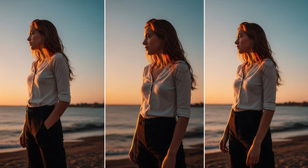A woman with long hair stands on a beach at sunset, captured in three different poses, wearing a white shirt and black pants, with the ocean and sky in the background.の素材
