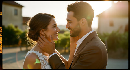A tender moment between a smiling couple, with the man's hand gently touching the woman's face, set against a blurred background of houses and greenery in warm sunlight.の素材