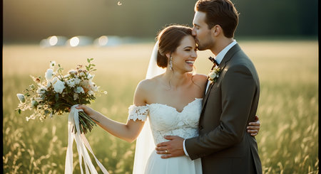 A smiling bride and groom share a tender moment in a serene field, with the bride holding a bouquet of white flowers and wearing a beautiful white wedding dress.の素材