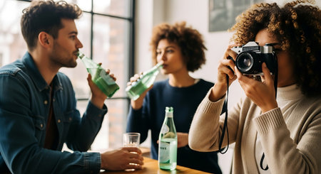 Three friends sit at a table, drinking water from bottles and a glass, while one woman takes a photo with a camera, enjoying a casual moment together.の素材