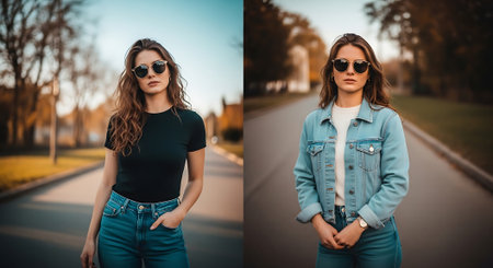 A young woman poses in two distinct outfits on a suburban road, showcasing a casual black t-shirt and jeans, and a stylish denim jacket with a white shirt.の素材