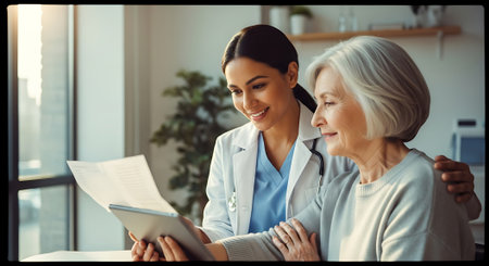 A young female doctor and an elderly woman sit together, smiling and reviewing medical documents in a bright and airy office setting with a window and plant in the background.の素材