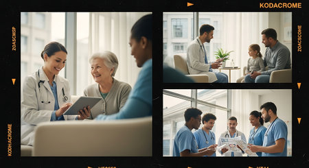 A collage of healthcare professionals engaging with patients in a modern, well-lit medical environment, showcasing compassionate interactions and consultations.の素材